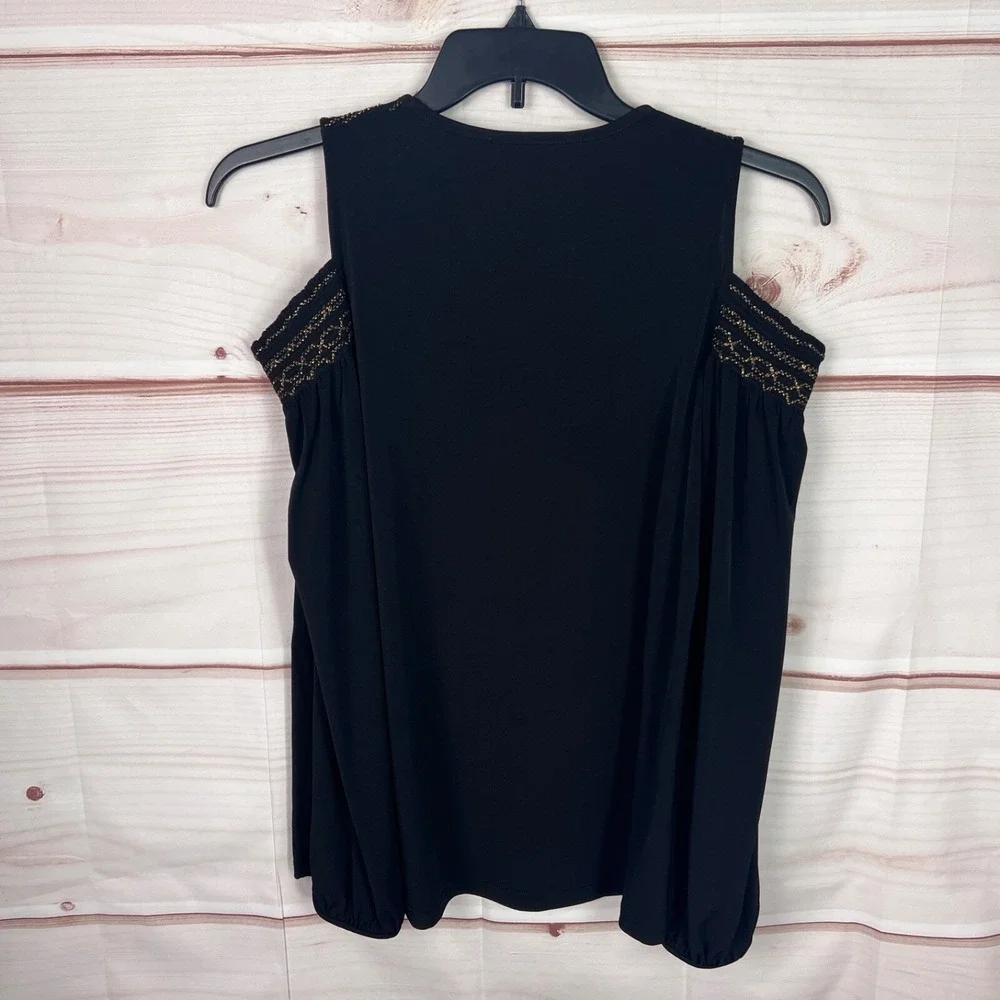Michael Kors Top‎ Womens M Black Cold Shoulder Blouse Smocked Neck Jersey Knit